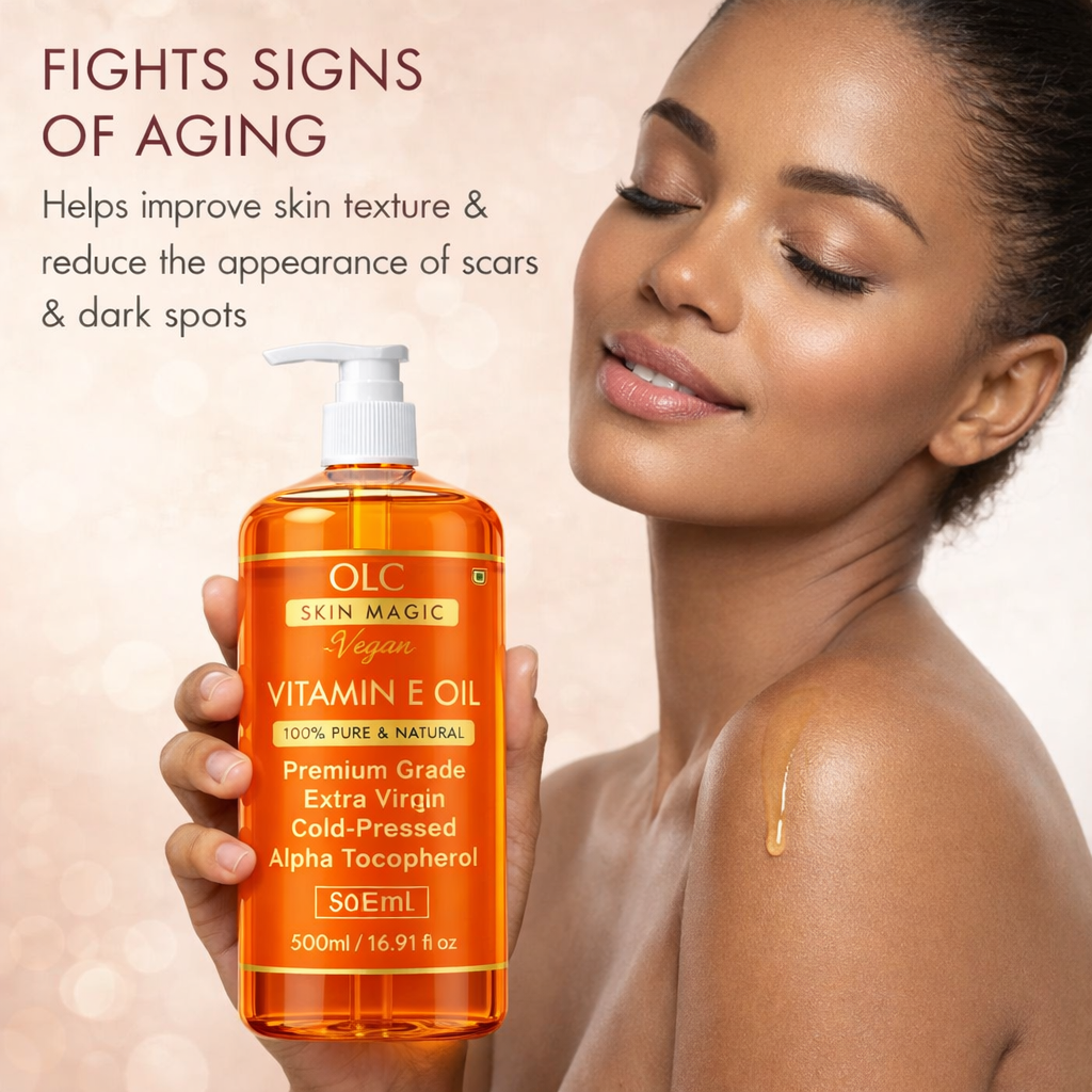OLC Vitamin E Oil 20,000 IU – 100% Pure & Natural Cold-Pressed Vitamin E Oil for Skin, Face, Scars, Hair, Scalp & Nails | Non-GMO Verified | Deep Nourishing Hair & Body Oil | 500ml