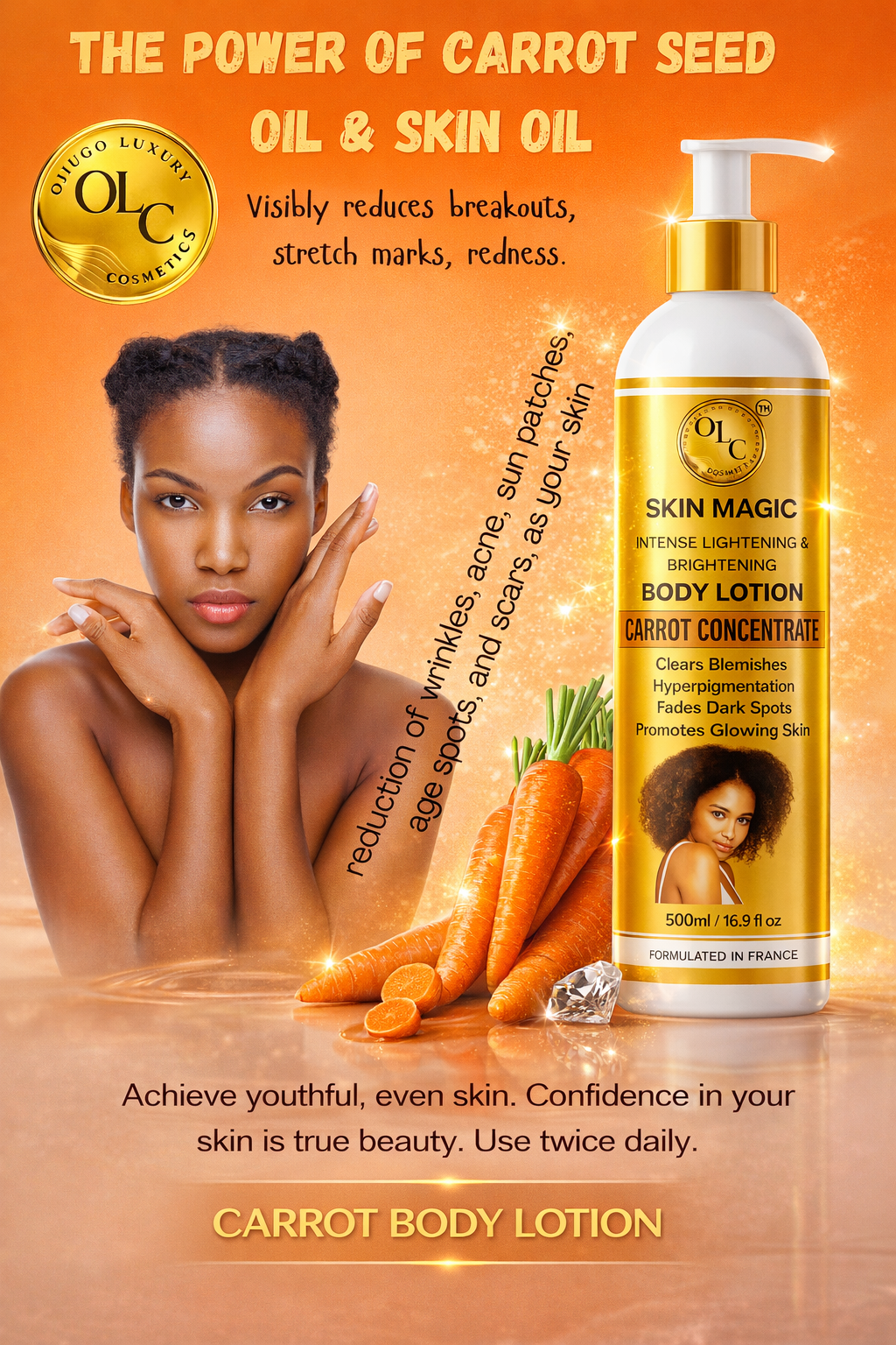 Nourishing Body Lotion with Carrot Concentrate 500ml: Intense Lightening & Brightening Formula, Revitalises, Renews, and Reduces Dark Spots & Hyperpigmentation