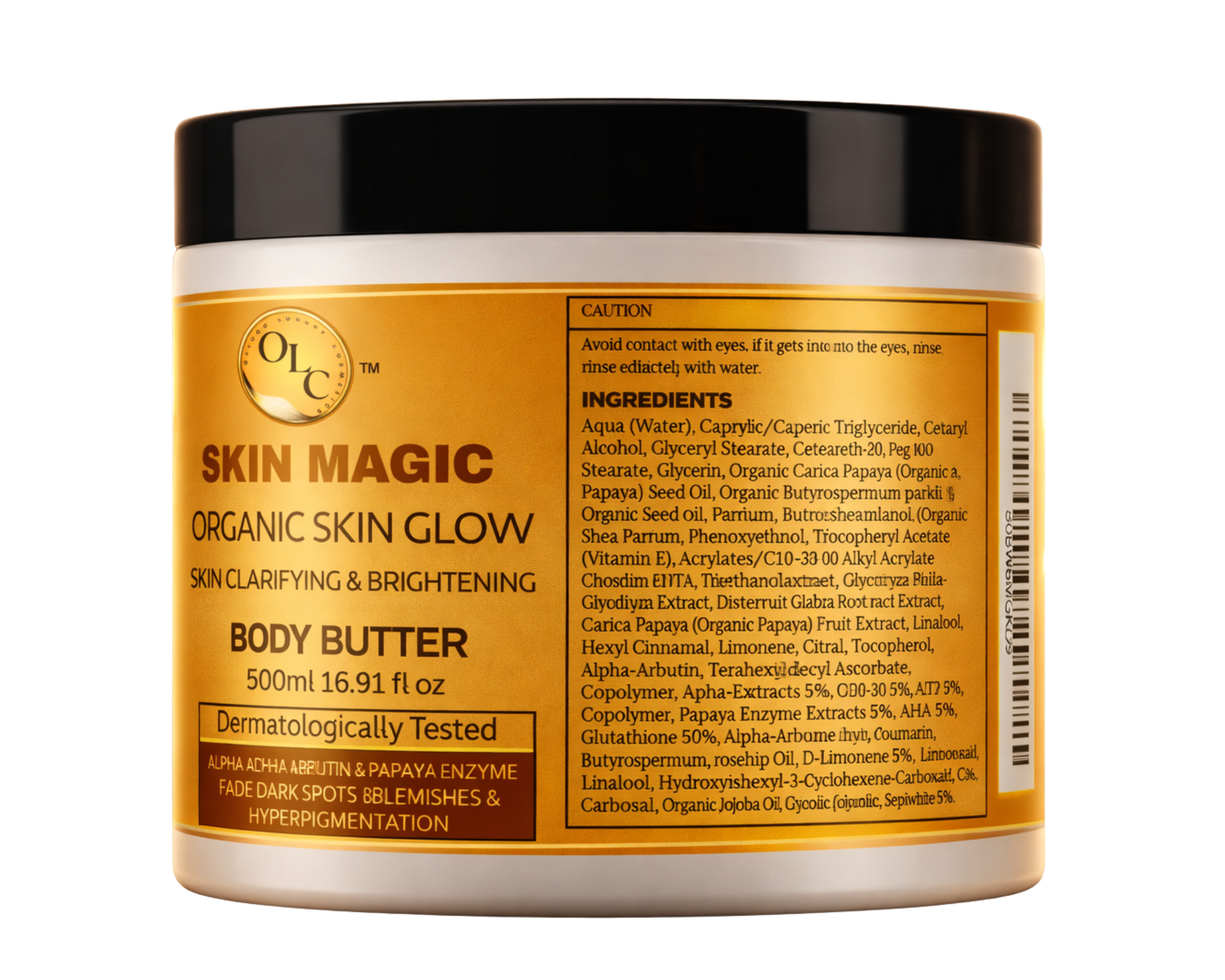 Organic Skin Glow Clarifying & Brigthening Body Butter 500ml 16.91 fl oz Dermatologically Tested ALPHA ARBUTIN & PAPAYA ENZYME FADE DARK SPOTS, BLEMISHES & HYPERPIGMENTATION