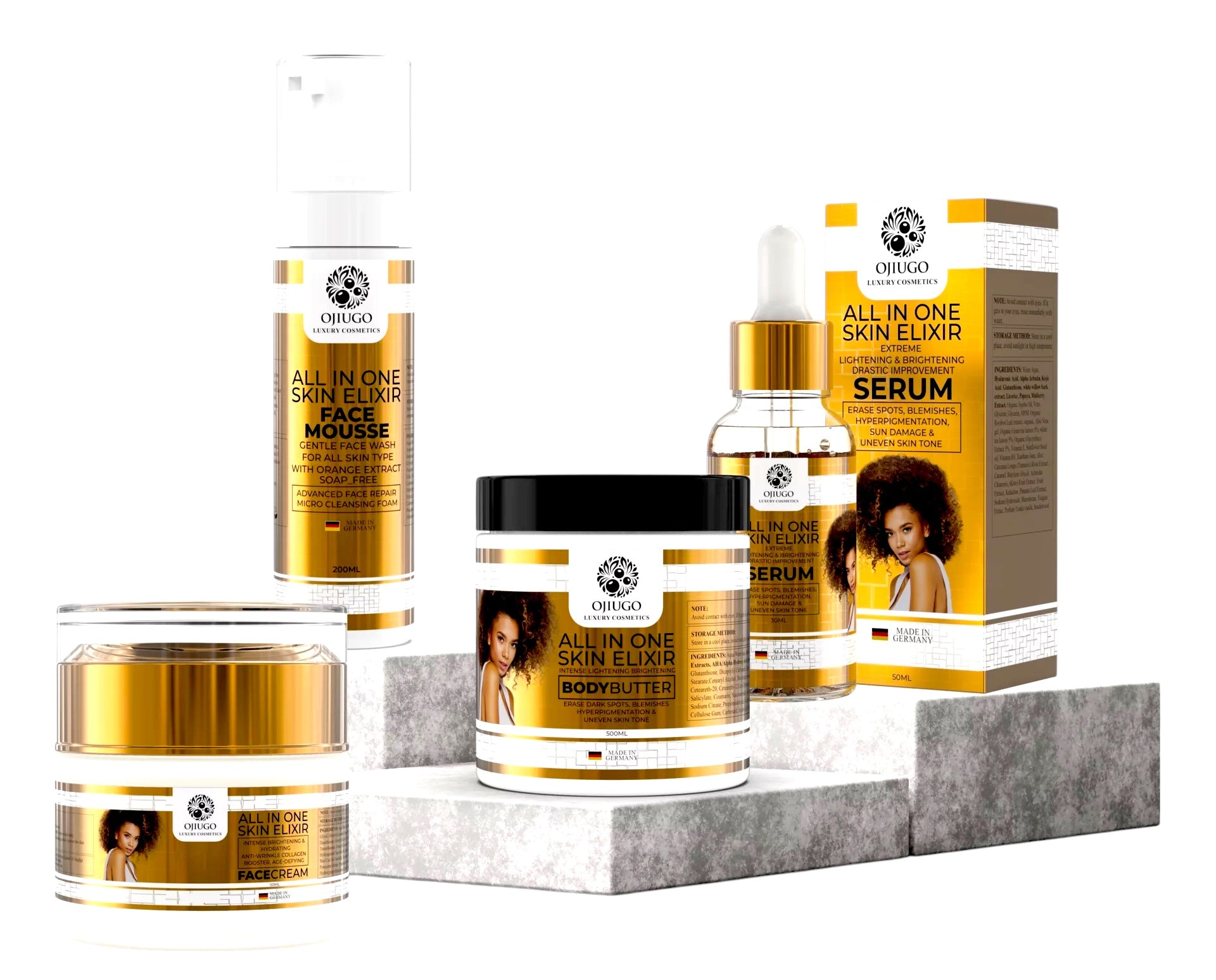 Exclusive Set of 4 All-In-One Elixir Face Mousse, Intense Brightening Serum, All-In-One Elixir Face Cream, & Body Butter