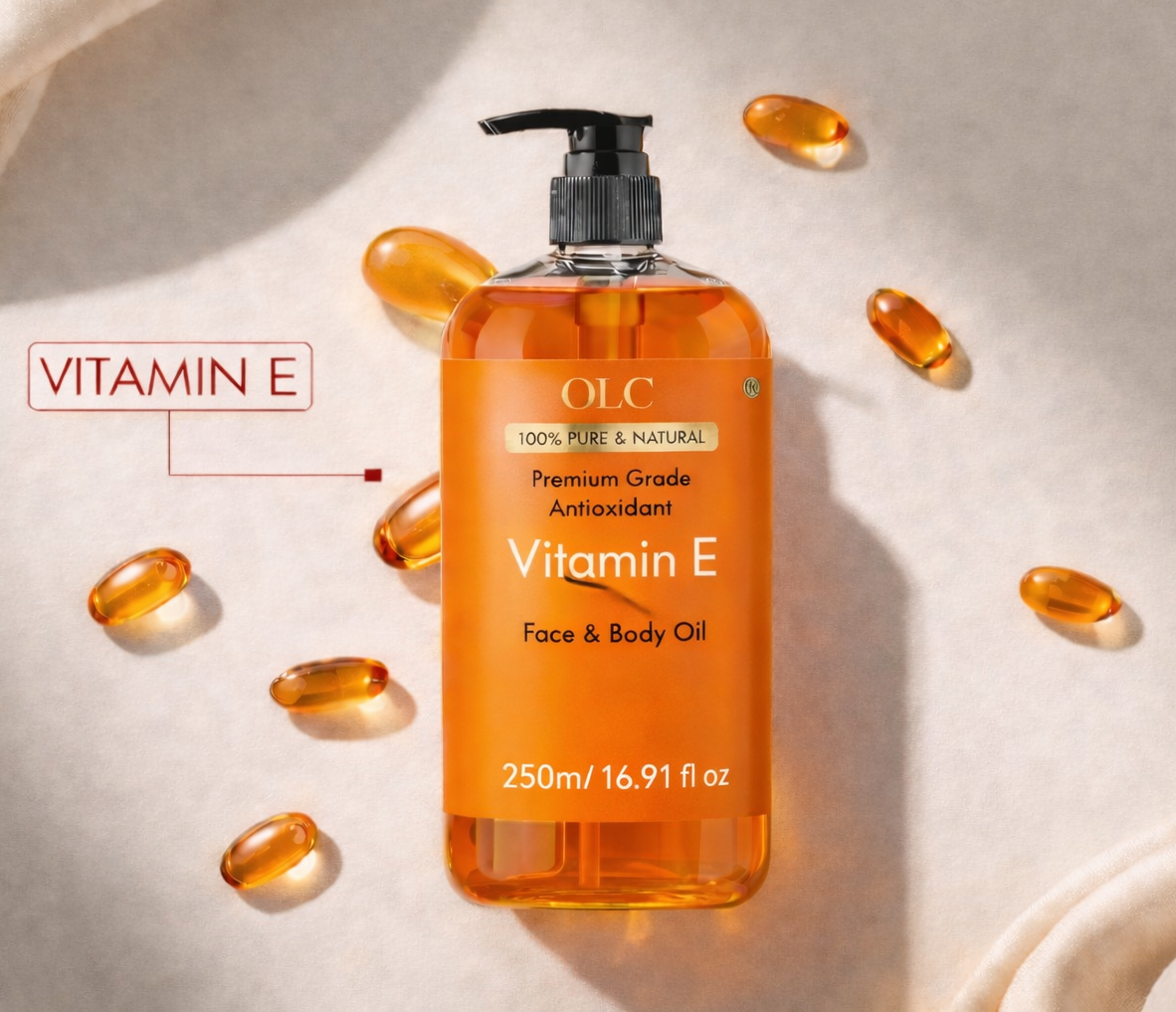 OLC Vitamin E Oil 20,000 IU – 100% Pure & Natural Cold-Pressed Vitamin E Oil for Skin, Face, Scars, Hair, Scalp & Nails | Non-GMO Verified | Deep Nourishing Hair & Body Oil | 250ml