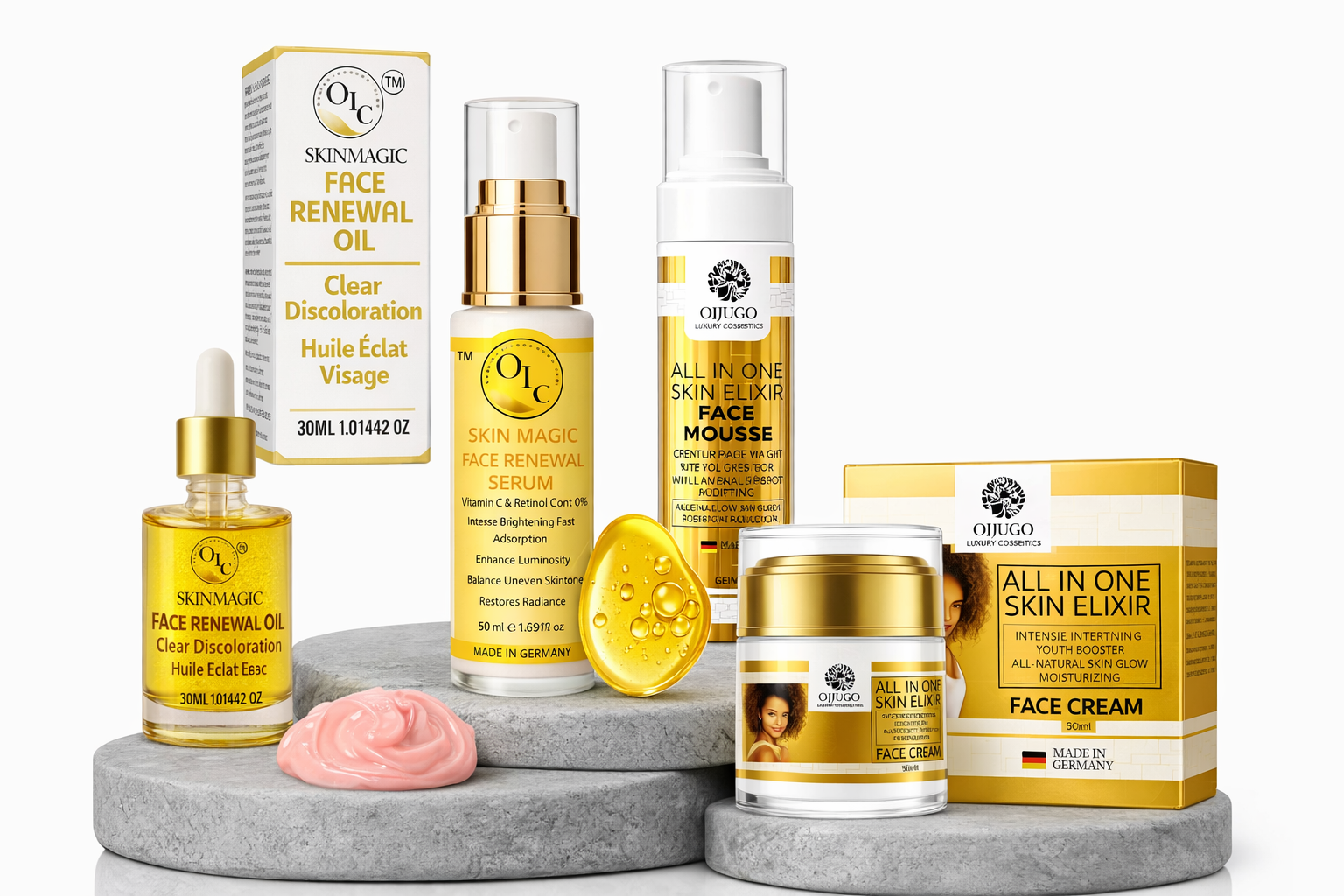 Radiant Glow Skincare Set  Brightening • Hydrating • Skin Tone Correcting Includes:  50ml Moisturising Face Cream (Intense Lightening & Brightening) 50ml Face Renewal Serum 30ml Skin Magic Face Renewal Oil