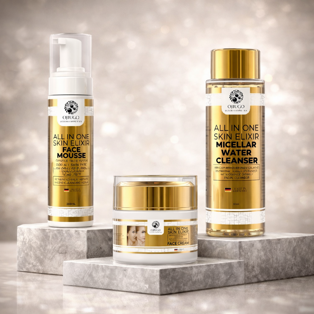 All In One Luxury Skincare' Special Micellar Water Cleanser, Elixir Face Mousse, and Elixir Face Cream,