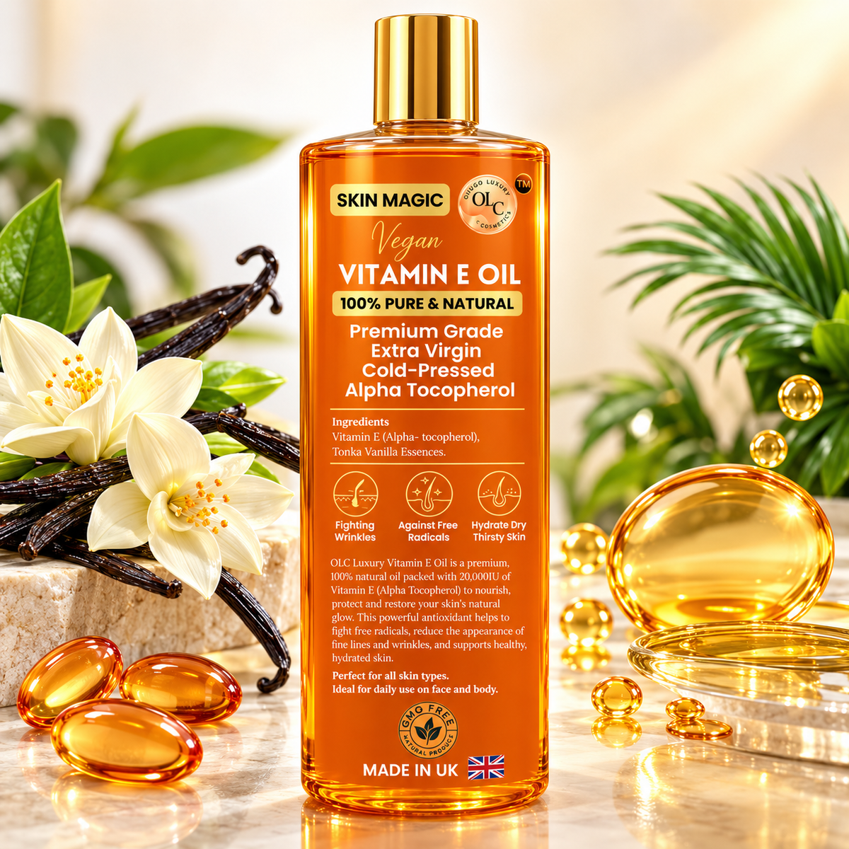 OLC Vitamin E Oil 20,000 IU – 100% Pure & Natural Cold-Pressed Vitamin E Oil for Skin, Face, Scars, Hair, Scalp & Nails | Non-GMO Verified | Deep Nourishing Hair & Body Oil | 500ml